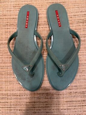 Prada Teal Rubber Logo Triangle Flip-Flop Sandals Women’s 39